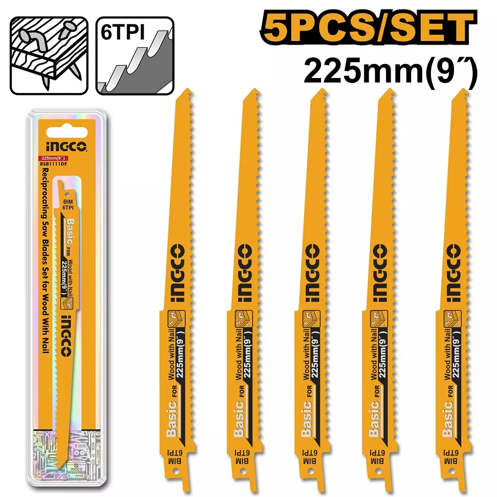 Ingco 5 Pcs Reciprocating Saw Blade Set Length 9 inch (225 mm) for Cutting Wood with Nail, RSB1111DF