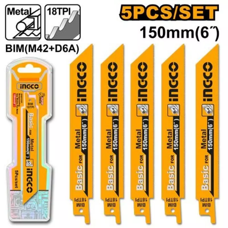 Ingco 5 Pcs Reciprocating Saw Blade Set Length 6 inch (150 mm) for Cutting Metal, RSB922EF