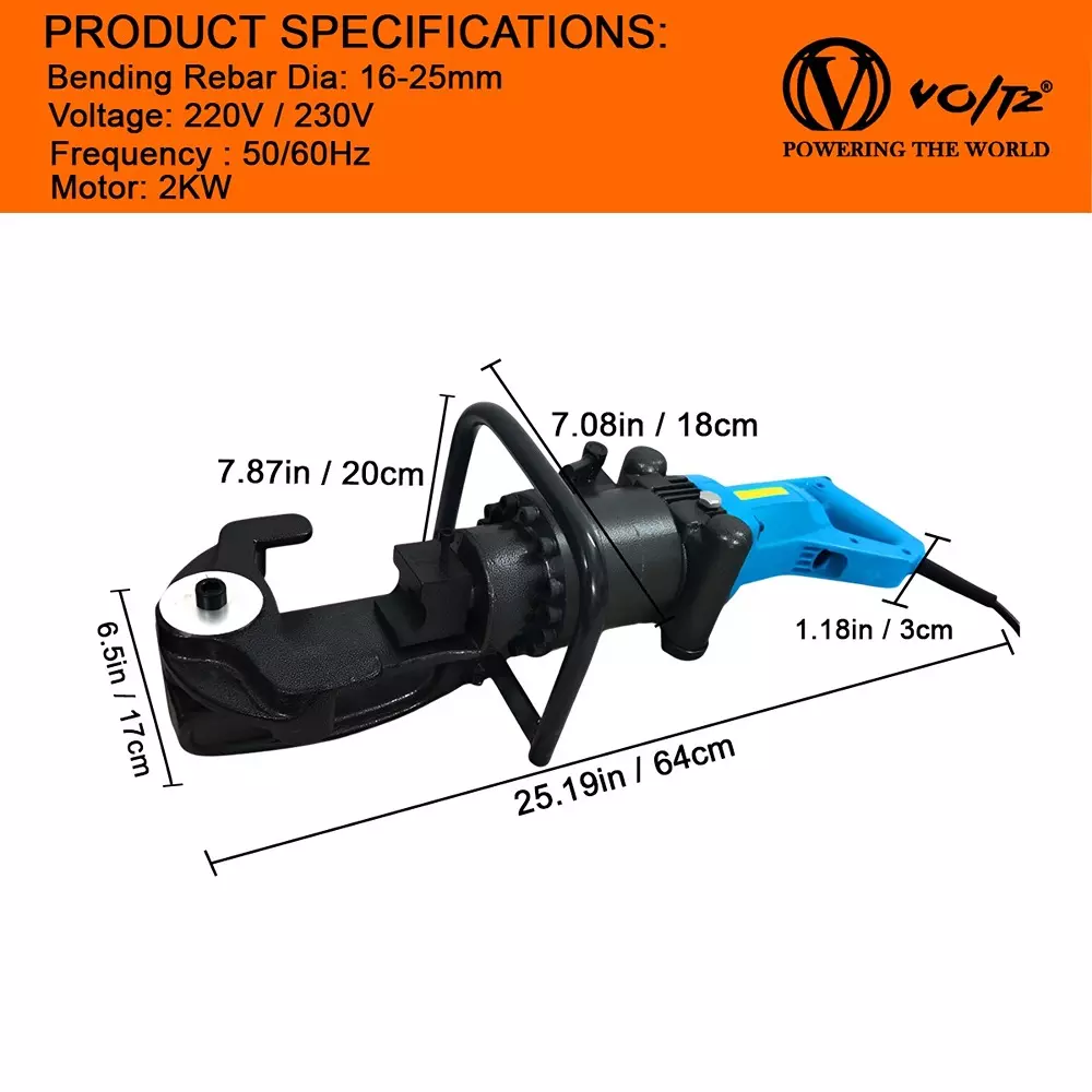Voltz Hydraulic Rebar Bender & Straightener 2 kW Power Rating and 16 mm – 25 mm Dia. Bars, RB-25
