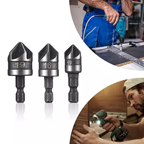 YADAV 3 Pcs Hex Shank Countersink Drill Bits 5 Flute 90° End Chamfer Woodworking Tool