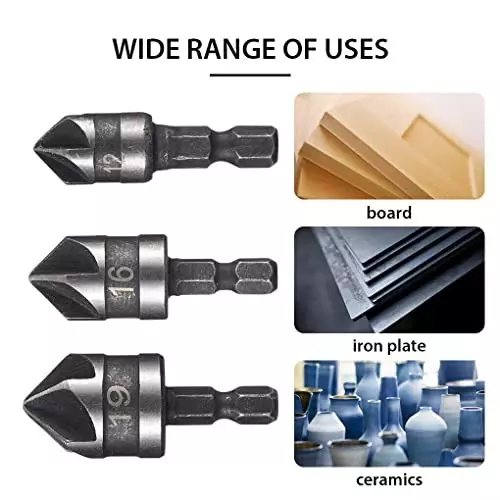 YADAV 3 Pcs Hex Shank Countersink Drill Bits 5 Flute 90° End Chamfer Woodworking Tool