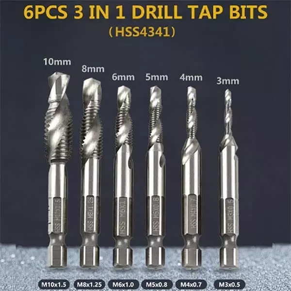 DY TOOLS 2-in-1 Combination Drill and Tap Bit Set 1/8-3/8 inch Size Range Aluminium Finish (Set of 6 Pcs)