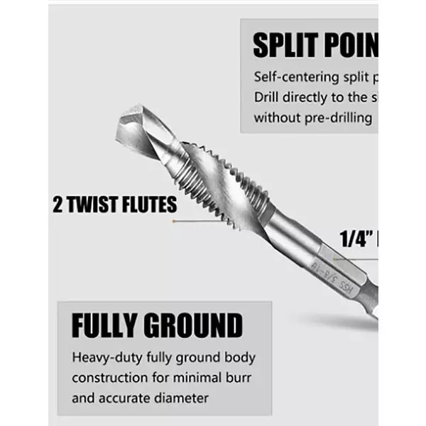 DY TOOLS 2-in-1 Combination Drill and Tap Bit Set 1/8-3/8 inch Size Range Aluminium Finish (Set of 6 Pcs)