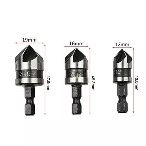 YADAV Countersink Drill Bits 5 Flute High Speed Steel Industrial Edge Chamfer Cutter 6.35 mm (1/4 inch) Shank (Set of 3)