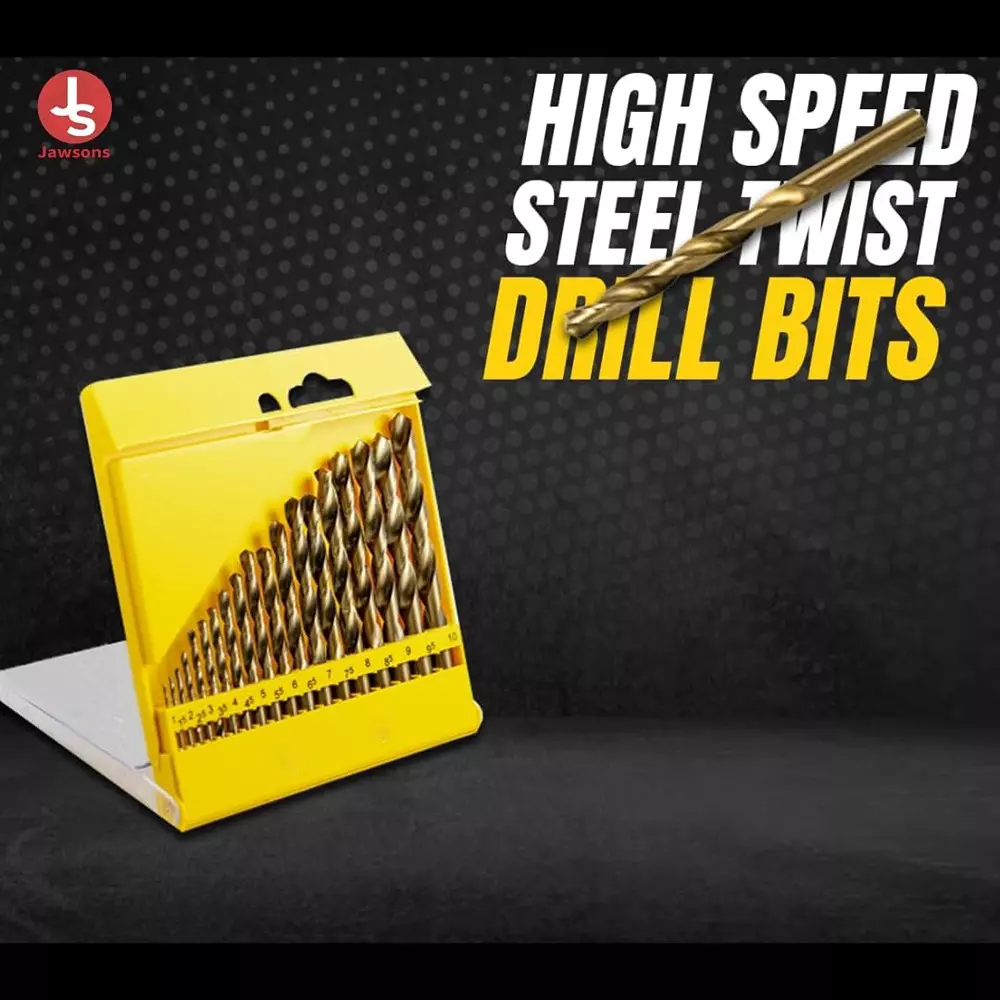 Jawsons HSS Drill Bit Set 1-10 mm Size Range 2-Flute Design with 135° Split Point Tip for Precision Drilling (Set of 19 Pcs)