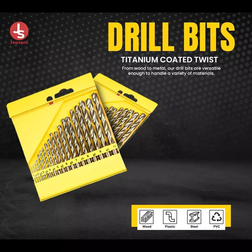 Jawsons HSS Drill Bit Set 1-10 mm Size Range 2-Flute Design with 135° Split Point Tip for Precision Drilling (Set of 19 Pcs)