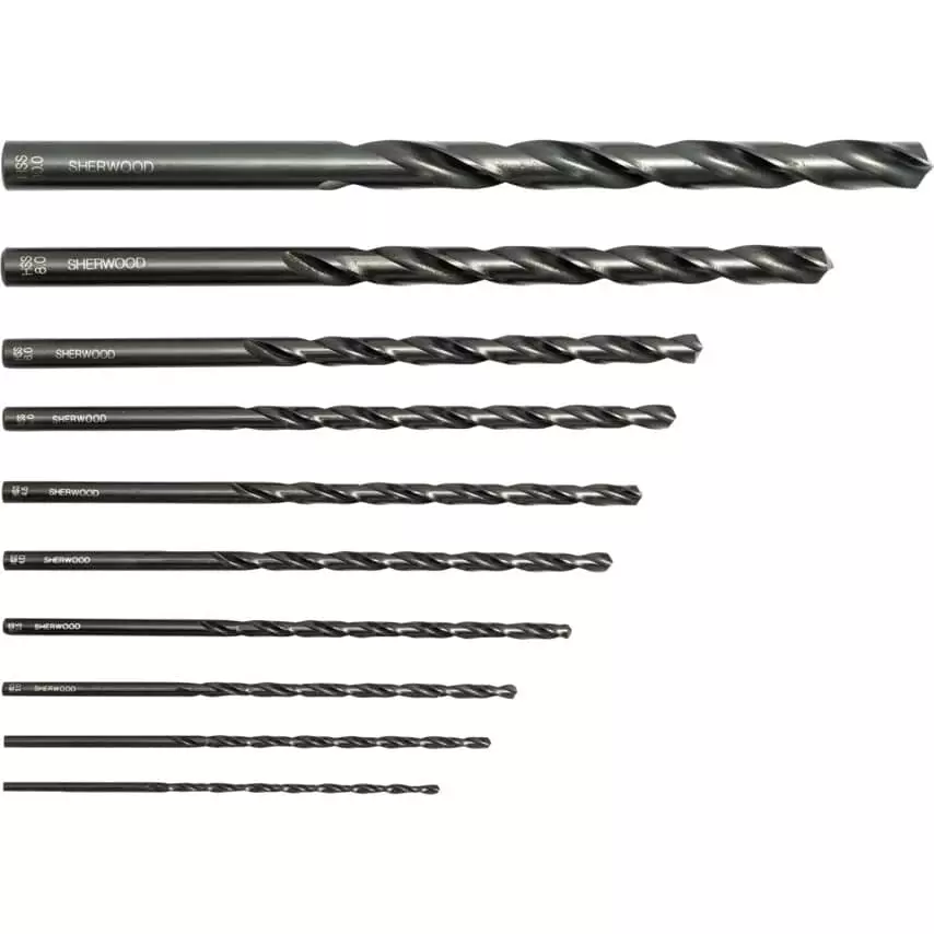 Sherwood Long Series Drill Set 2 mm Minimum Drill Size Plastic Case Black Oxide Finish High Speed Steel, SHR0258540K (Pack of 10)