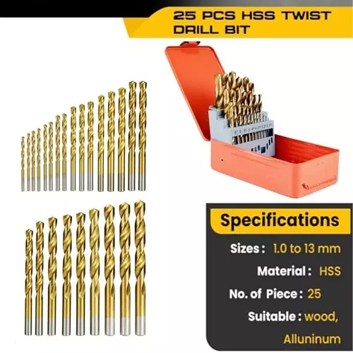 Malfah Enterprises HSS Drill Bit Set 1–13 mm Titanium Aluminum Nitride 135° Split Point Tip HSS (Pack of 25)