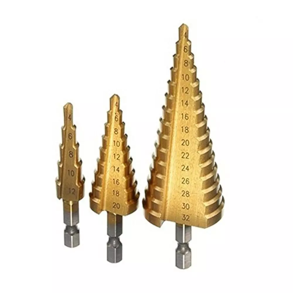 GENERIC HSS Steel Titanium Step Drill Bit 20 mm Hex Shank Cone Cutting Tool for Wood, Metal & Steel Drilling (4–12/20/32 mm) (Set of 3)