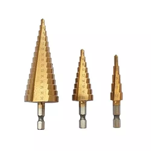 GENERIC HSS Steel Titanium Step Drill Bit 20 mm Hex Shank Cone Cutting Tool for Wood, Metal & Steel Drilling (4–12/20/32 mm) (Set of 3)