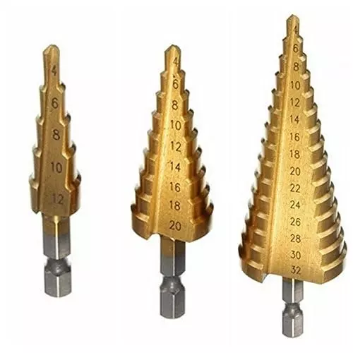GENERIC HSS Steel Titanium Step Drill Bit 20 mm Hex Shank Cone Cutting Tool for Wood, Metal & Steel Drilling (4–12/20/32 mm) (Set of 3)