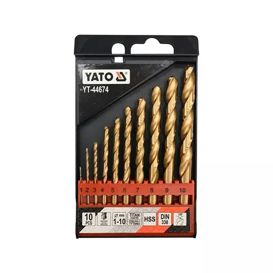 Yato 10 Pcs Twist Drill Bit Set 1/4 inch (6.35 mm) Drive Size Coated with Titanium Nitride, Polished and 1-10 mm Diameter, YT-44674