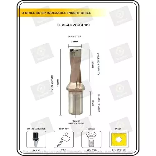 A.D INTERNATIONAL Indexable Insert U Drill Through Coolant 28 mm x 4D x 32 mm Weldon Shank with Free 10 Pcs Carbide Inserts, 10-JAI-UD28-3