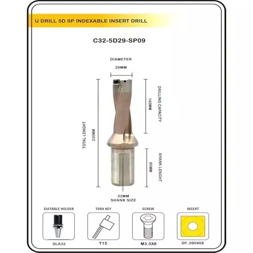 A.D INTERNATIONAL Indexable Insert U Drill Through Coolant 29.5 mm x 5D x 32 mm Weldon Shank with Free 10 Pcs Carbide Inserts, S8-HKTI-SMS1