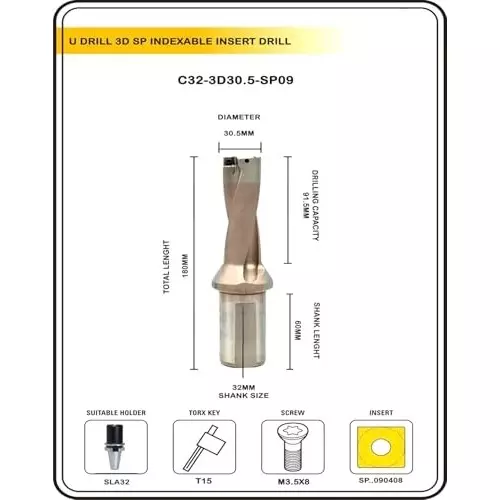 A.D INTERNATIONAL Indexable Insert U Drill Through Coolant 30.5 mm x 3D x 32 mm Weldon Shank with Free 10 Pcs Carbide Inserts, 9R-7FX4-C50U