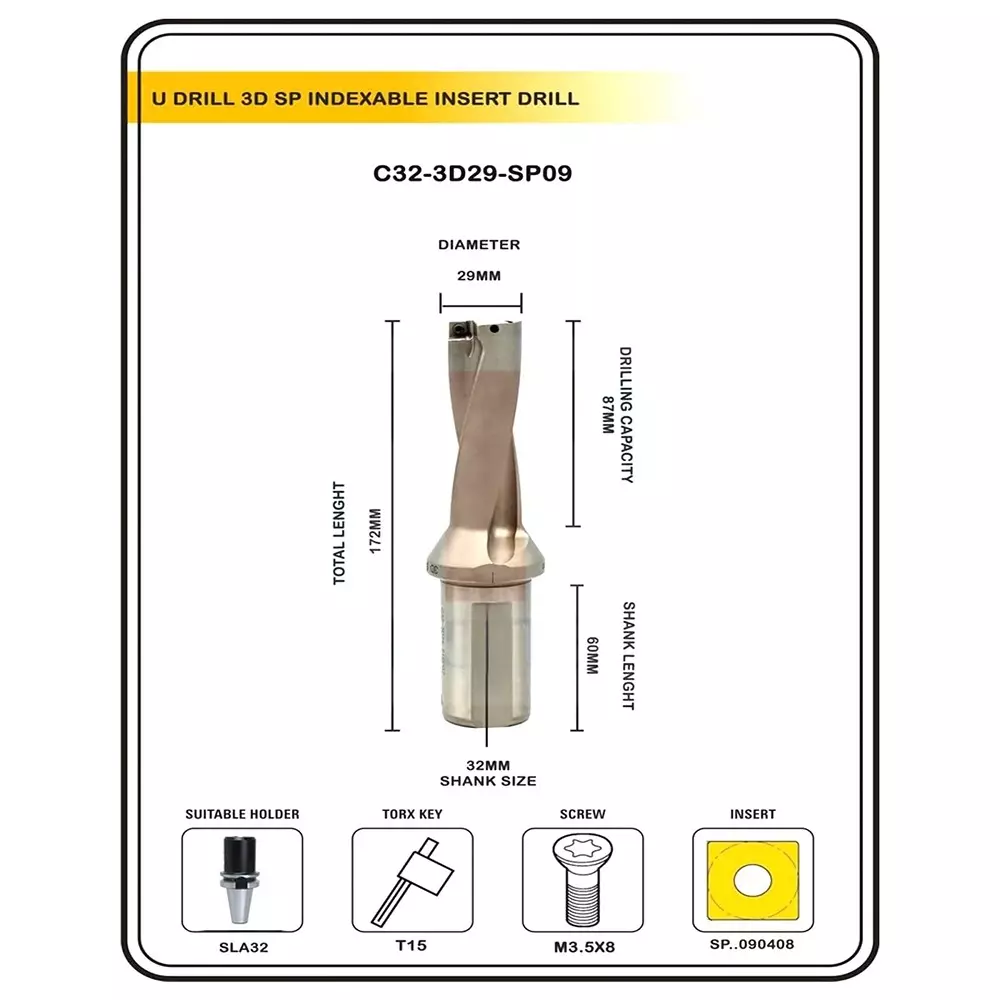 A.D INTERNATIONAL Indexable Insert U Drill Through Coolant 29 mm x 3D x 32 mm Weldon Shank with Free 10 Pcs Carbide Inserts, GQ-M278-ZBDQ