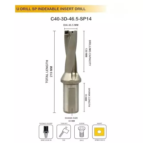 A.D INTERNATIONAL Indexable Insert U Drill 46.5 mm Dia. x 5D Drill Depth x 40 mm Weldon Shank Coolant Through Design and 10 Pcs Carbide Insert Free, FR-AP8O-S416