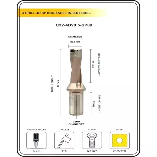 A.D INTERNATIONAL Indexable Insert U Drill Through Coolant 28.5 mm x 4D x 32 mm Weldon Shank with Free 10 Pcs Carbide Inserts, L0-ESNI-167I