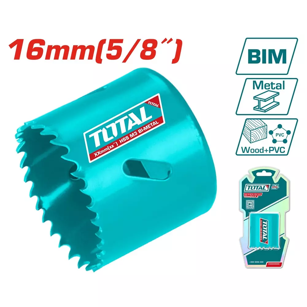 Total HSS Bi-Metal Hole Saw 16 mm (5/8 inch) Dia. 38 mm (1 1/2 inch) Cutting Depth, TAC410161