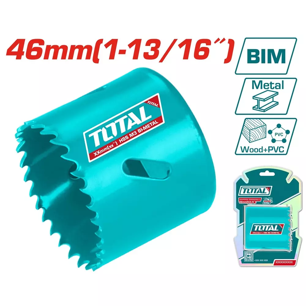 Total HSS Bi-Metal Hole Saw 46 mm (1-13/16 inch) Dia. 38 mm (1 1/2 inch) Cutting Depth, TAC410461