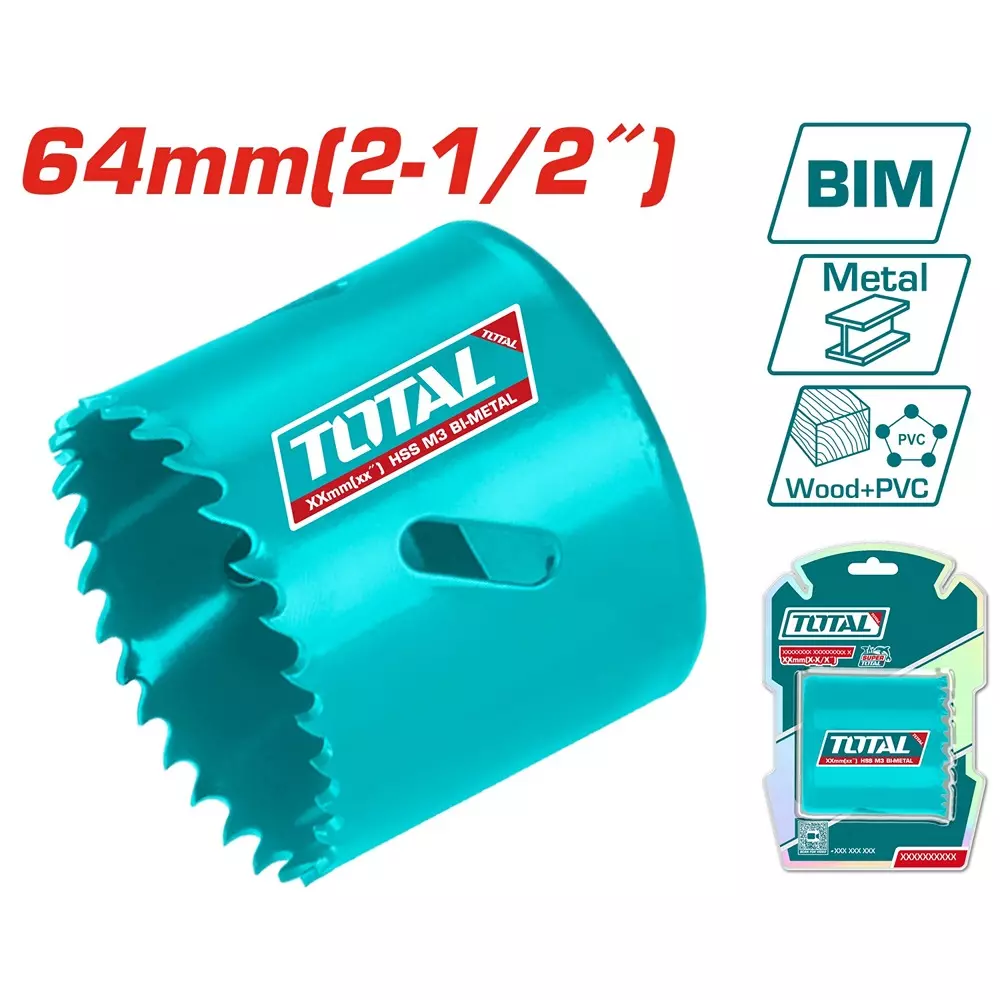 Total HSS Bi-Metal Hole Saw 64 mm (2-1-2 inch) Dia. 38 mm (1 1/2 inch) Cutting Depth, TAC410641