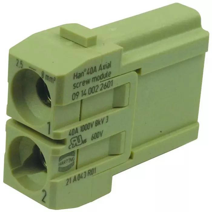 Harting Heavy Duty Connector Inserts / Modules RECTANGULAR HAN MODULE, PLUG, 2WAY SCREW, 09140022601