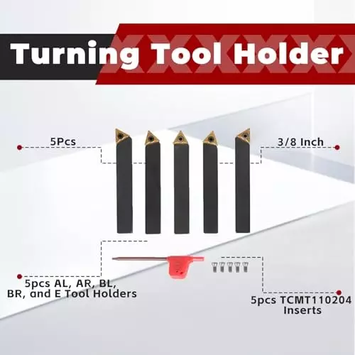 Findmall 5 Pcs Lathe Tools Insert Bits with TCMT110204 Carbide Inserts Size 3/8 inch (9.5 mm) for Turning, Cutting, Facing, Boring, And Chamfering, PH-2QCC-2U6B