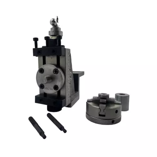 MachEl Mini Lathe Vertical Slide (90x50 mm, 2-Slot) with Side Scale, Z-Angle Plate & 50 mm 3-Jaw Chuck + Back Plate