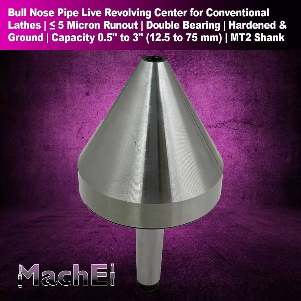 MachEl MT2 Bull Nose Pipe Live Revolving Center 0.5-3 inch Capacity 5 Micron Runout, Double Bearing