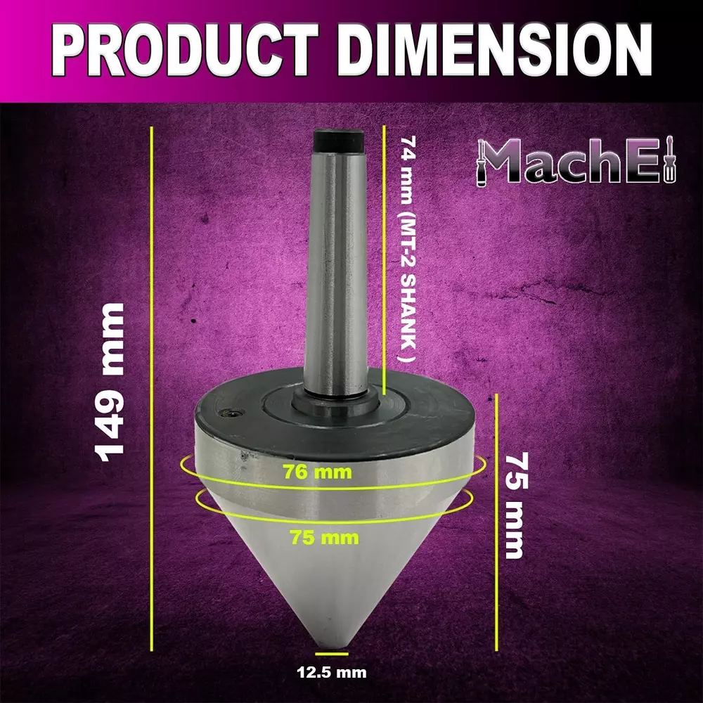 MachEl MT2 Bull Nose Pipe Live Revolving Center 0.5-3 inch Capacity 5 Micron Runout, Double Bearing