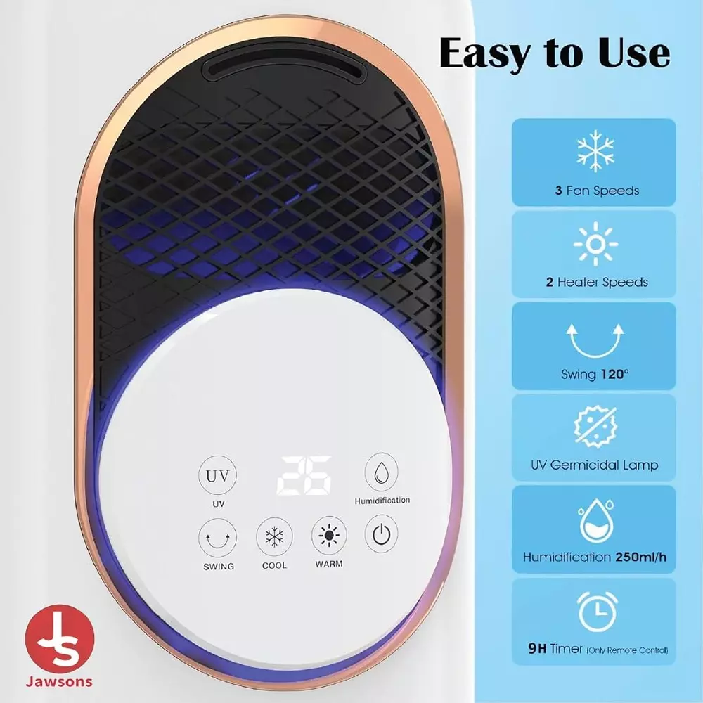 Jawsons 4-in-1 Oscillating Tower Fan with Heater, Humidifier & Cooler | 120° Oscillation, 4 L Water Tank Capacity, 3 Cooling Speeds & 2 Heating Levels