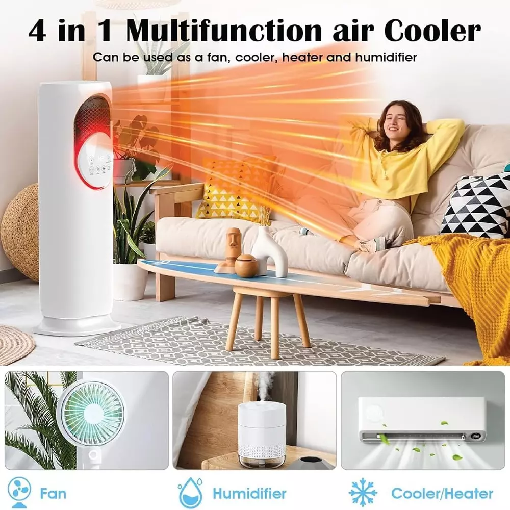 Jawsons 4-in-1 Oscillating Tower Fan with Heater, Humidifier & Cooler | 120° Oscillation, 4 L Water Tank Capacity, 3 Cooling Speeds & 2 Heating Levels
