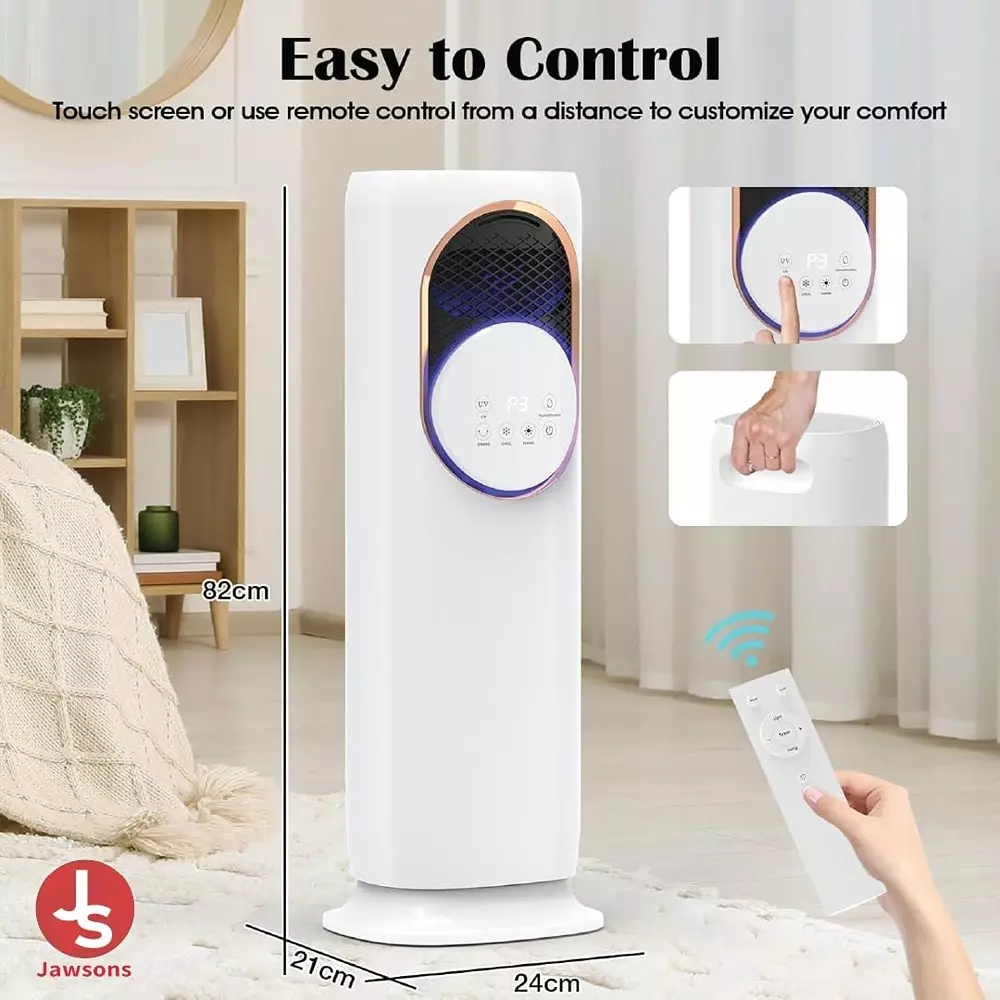 Jawsons 4-in-1 Oscillating Tower Fan with Heater, Humidifier & Cooler | 120° Oscillation, 4 L Water Tank Capacity, 3 Cooling Speeds & 2 Heating Levels