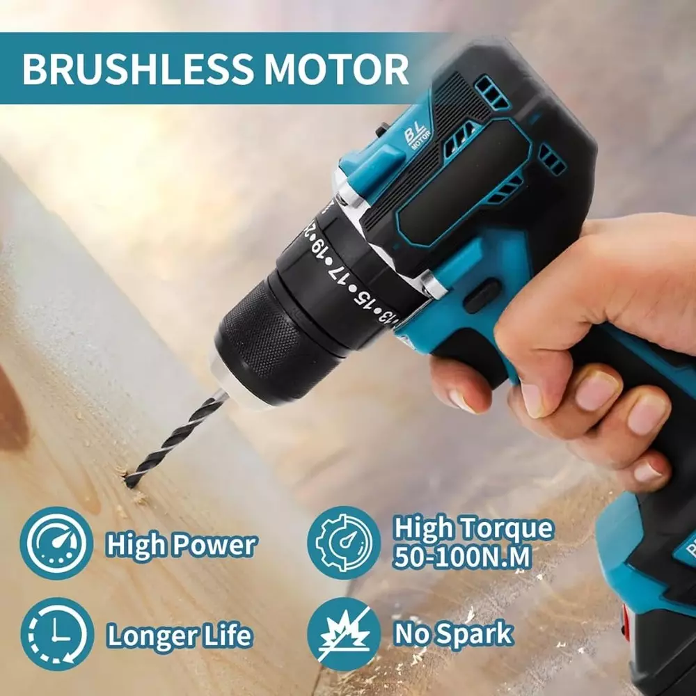Jawsons Cordless Drill Machine 500 W Brushless Motor 10 mm Chuck Size 2-Speed 20+3 Torque Settings with 2 Battery Charger & 1 Battery