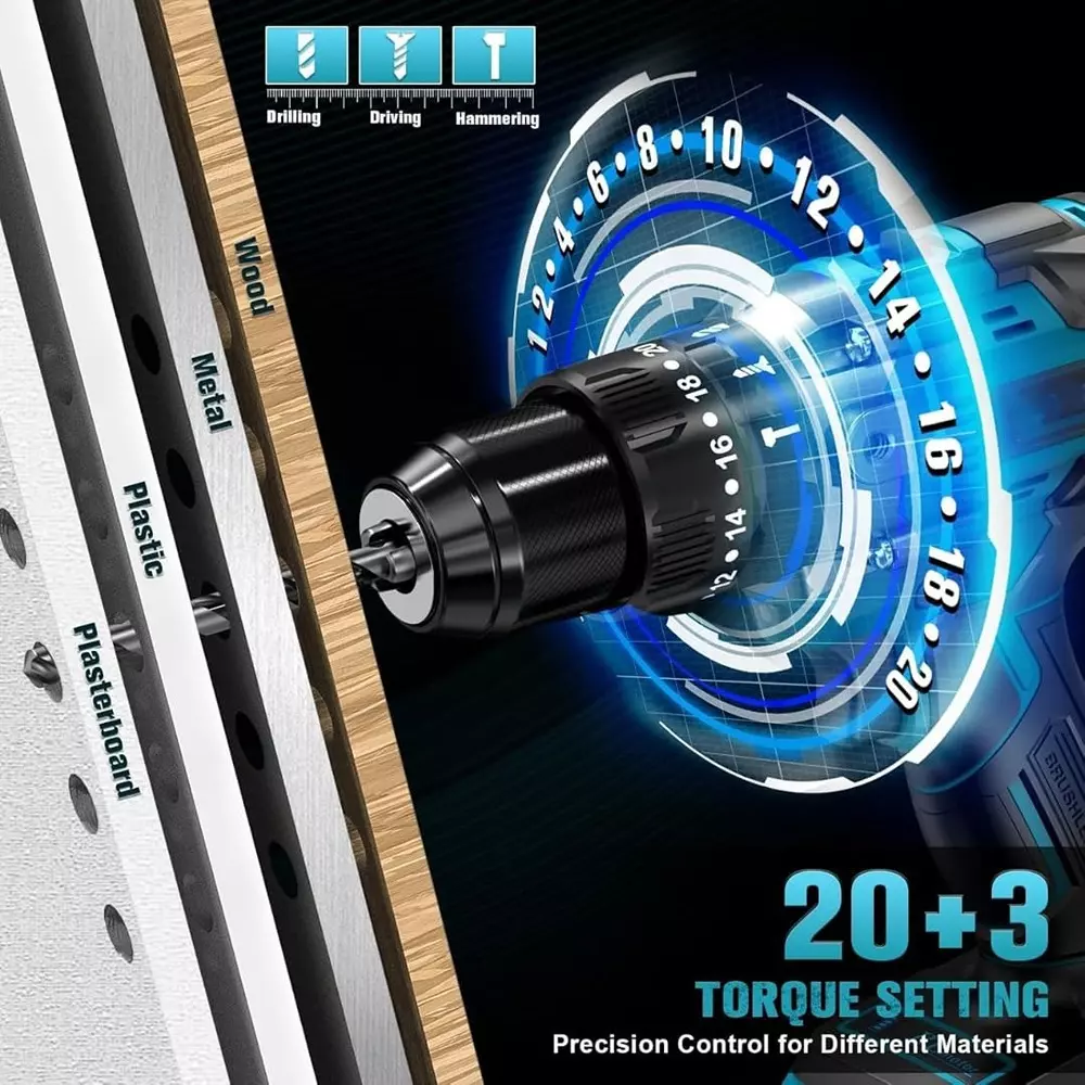 Jawsons Cordless Drill Machine 500 W Brushless Motor 10 mm Chuck Size 2-Speed 20+3 Torque Settings with 2 Battery Charger & 1 Battery