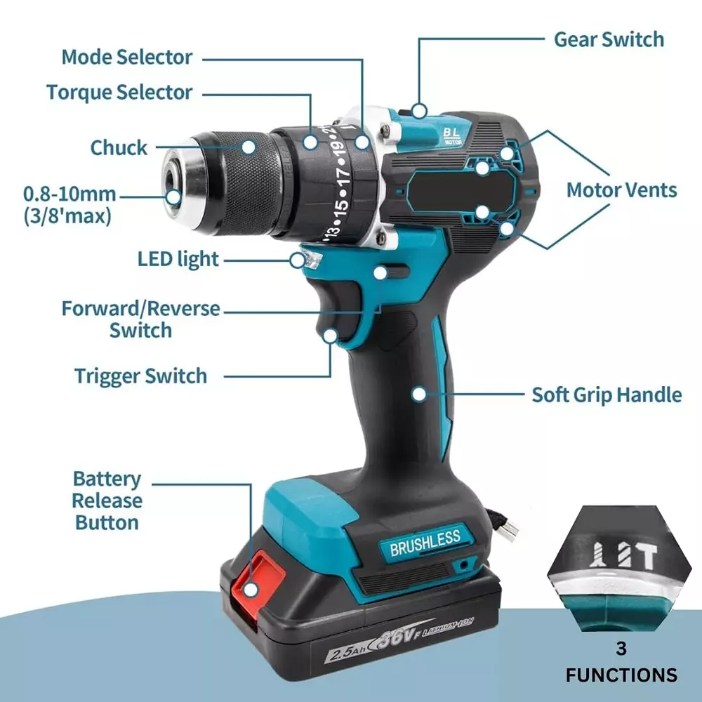 Jawsons Cordless Drill Machine 500 W Brushless Motor 10 mm Chuck Size 2-Speed 20+3 Torque Settings with 2 Battery Charger & 1 Battery