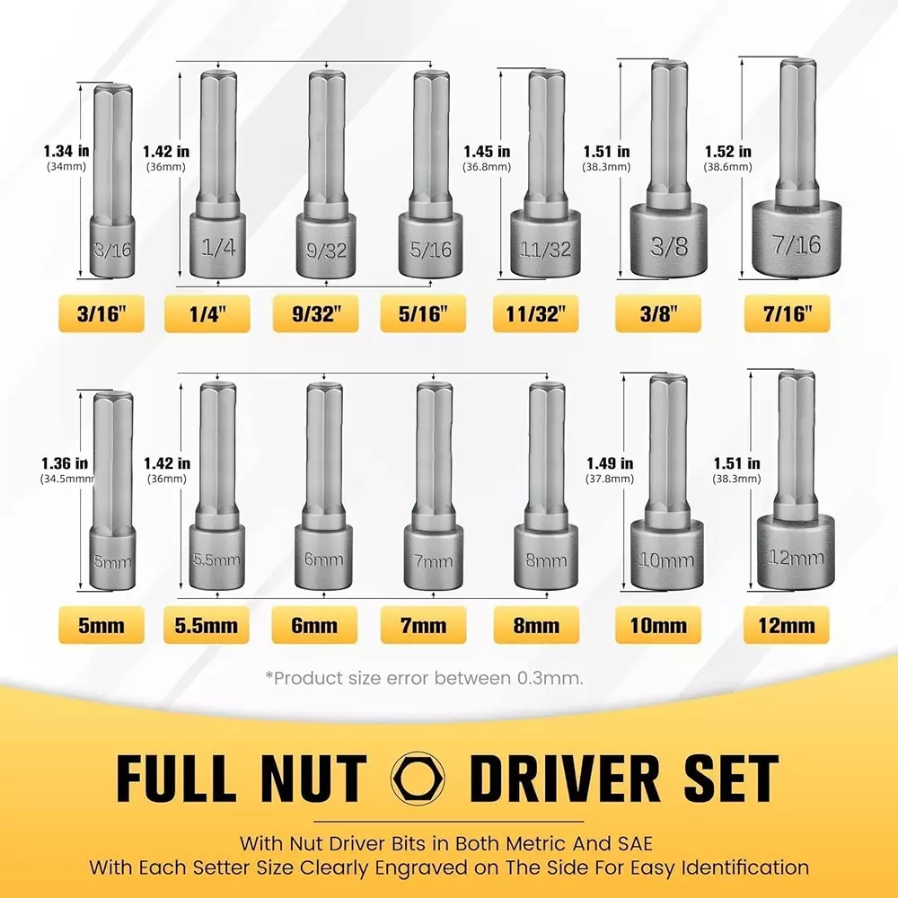 DY TOOLS Full Nut Driver Set Cr-V Alloy Steel 5-12 mm with Storage Holder, Grey (Set of 14 Pcs)