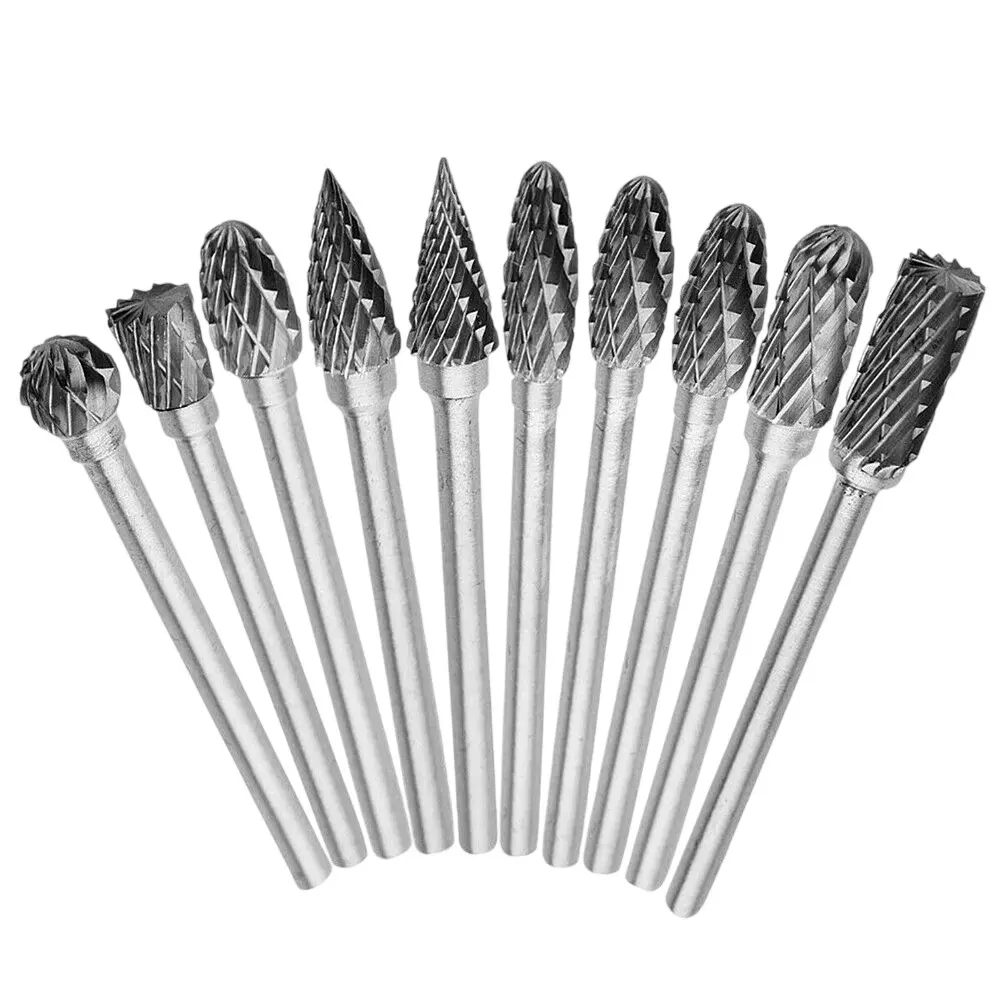 DY TOOLS Long Reach Rotary Burr Set Tungsten Carbide Steel with 3 mm (1/8 inch) Shank Head, ‎D-455 (Set of 10 Pcs)