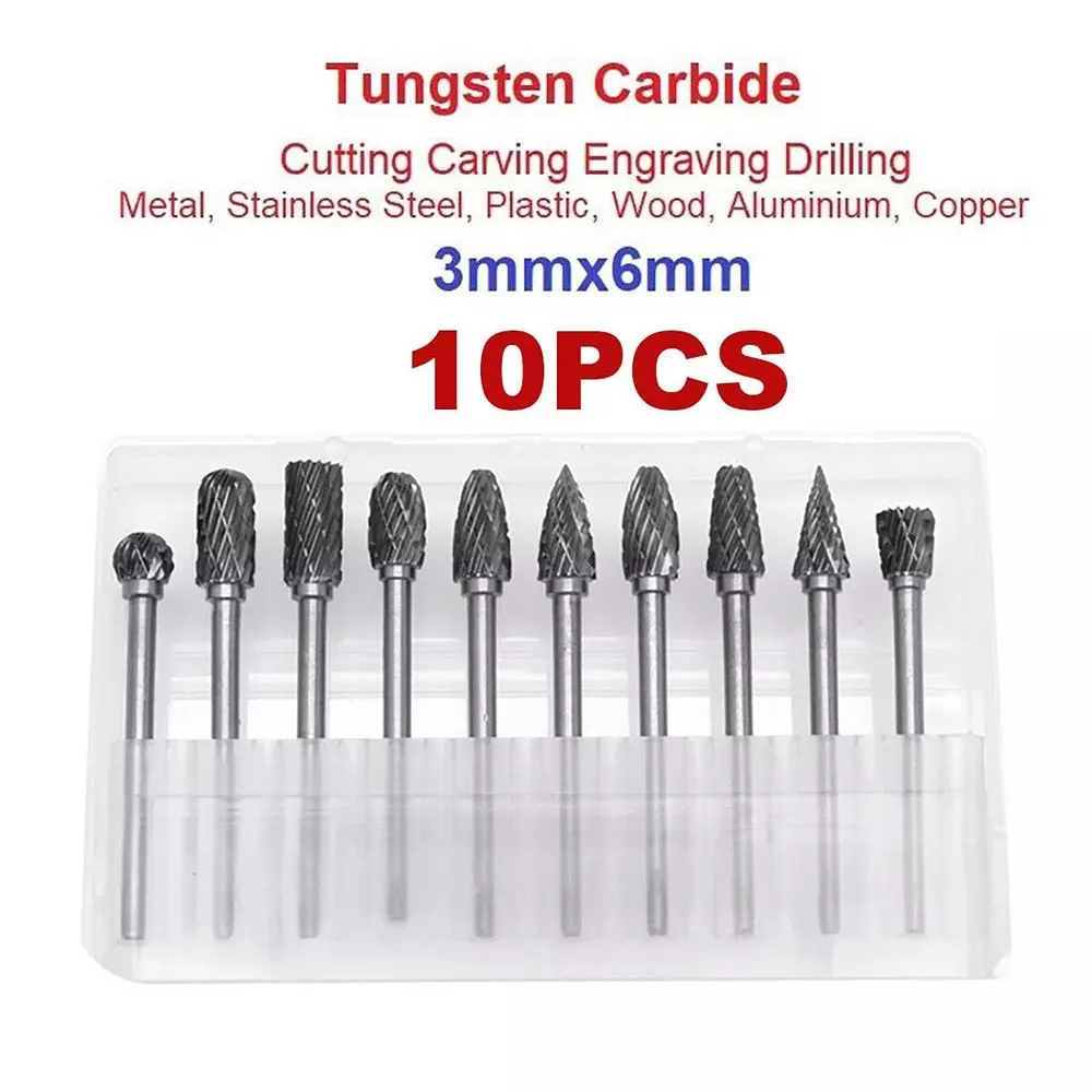 DY TOOLS Long Reach Rotary Burr Set Tungsten Carbide Steel with 3 mm (1/8 inch) Shank Head, ‎D-455 (Set of 10 Pcs)