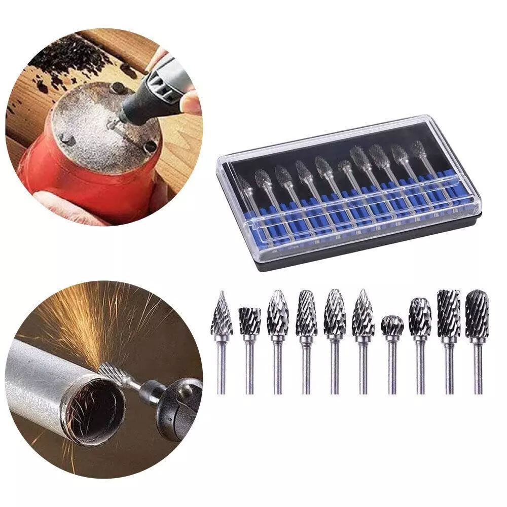 DY TOOLS Long Reach Rotary Burr Set Tungsten Carbide Steel with 3 mm (1/8 inch) Shank Head, ‎D-455 (Set of 10 Pcs)