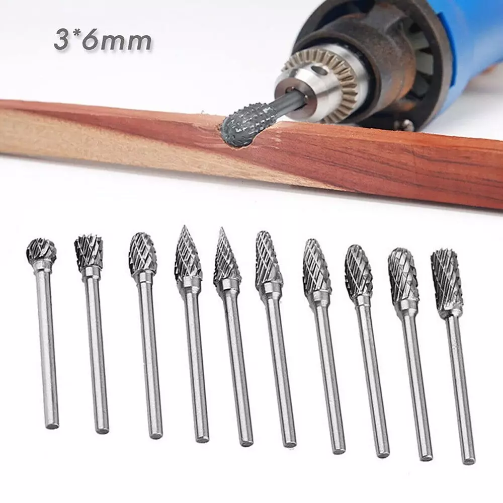 DY TOOLS Long Reach Rotary Burr Set Tungsten Carbide Steel with 3 mm (1/8 inch) Shank Head, ‎D-455 (Set of 10 Pcs)