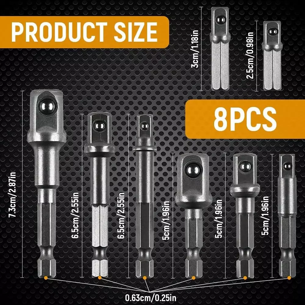 DY TOOLS Nut Driver Socket Bit Set Cr-V Steel 1/2 inch, 1.4 inch & 3/8 inch Drive, Grey (Set of 8 Pcs)