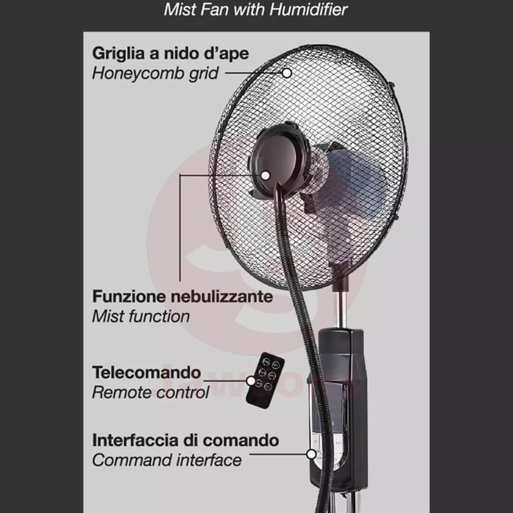 Jawsons Quiet Floor Fan Stylish Black Design 400 mm Sweep Size 3-Speed with Ultrasonic Humidifier & Remote Control