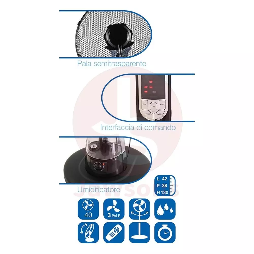 Jawsons Quiet Floor Fan Stylish Black Design 400 mm Sweep Size 3-Speed with Ultrasonic Humidifier & Remote Control