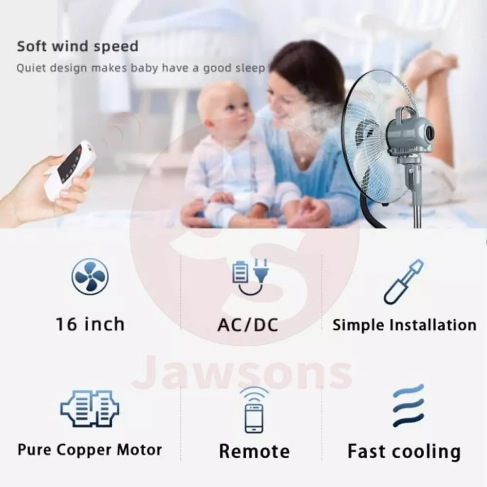 Jawsons Rechargeable Mist Fan 400 mm (16 inch) 75 W with 2.2 L Water Tank & USB Port for Device Charging and Solar Power Inlet (Solar Panel Not Included)