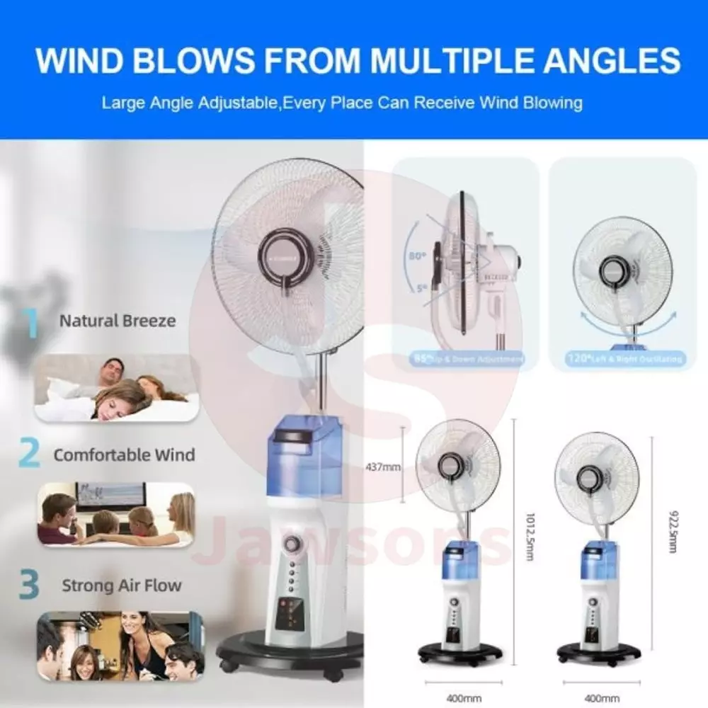 Jawsons Rechargeable Mist Fan 400 mm (16 inch) 75 W with 2.2 L Water Tank & USB Port for Device Charging and Solar Power Inlet (Solar Panel Not Included)