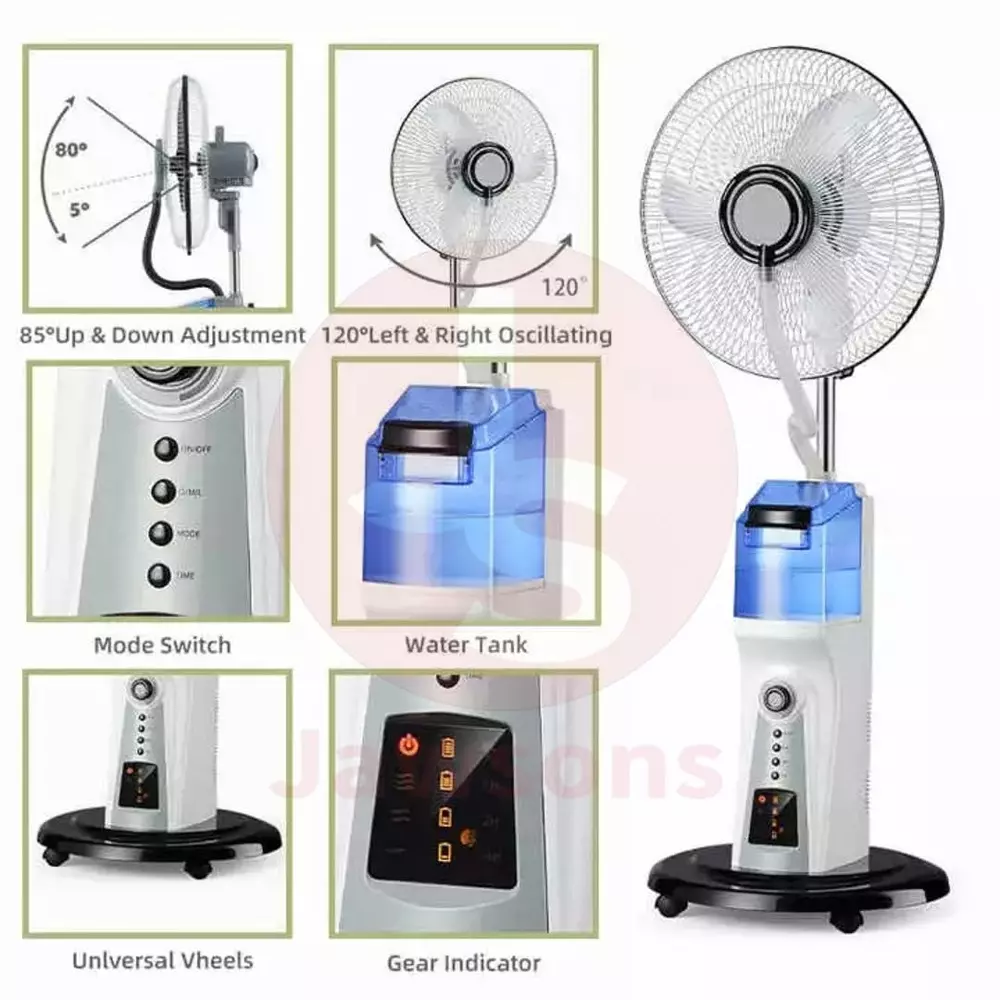 Jawsons Rechargeable Mist Fan 400 mm (16 inch) 75 W with 2.2 L Water Tank & USB Port for Device Charging and Solar Power Inlet (Solar Panel Not Included)