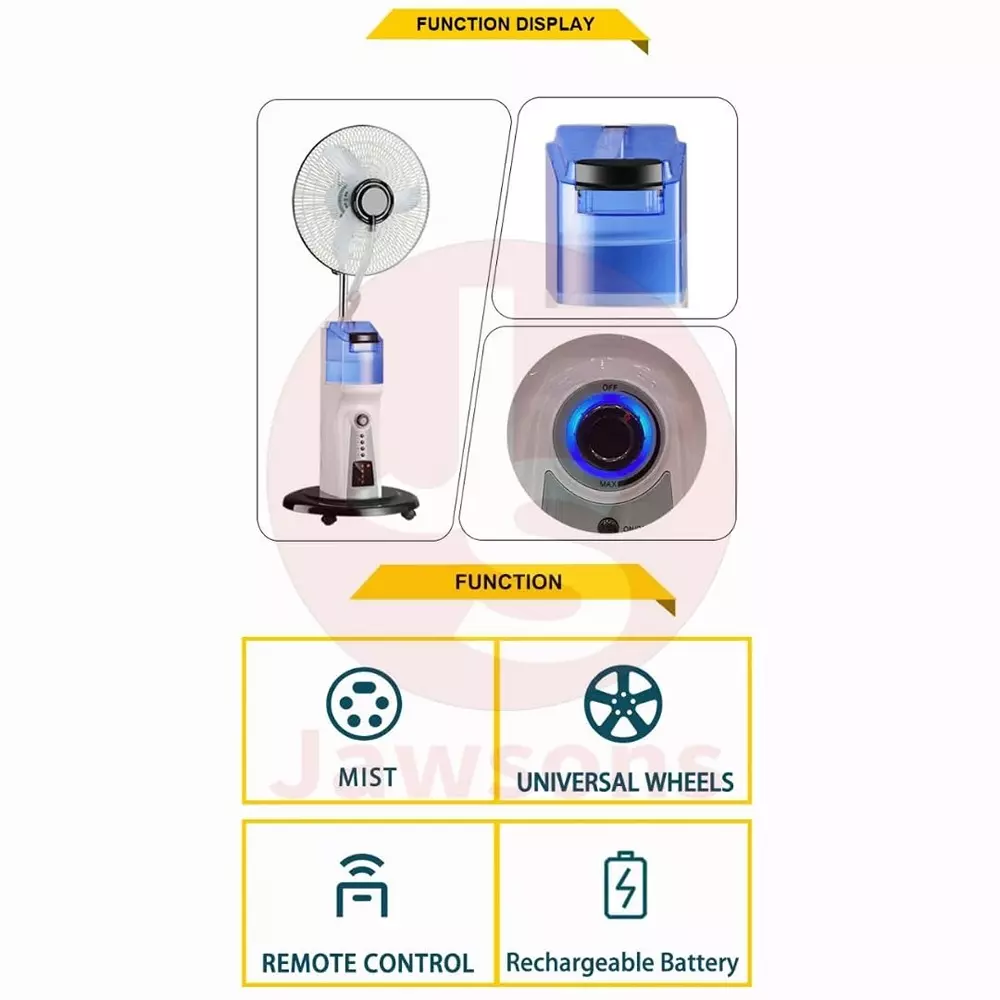 Jawsons Rechargeable Mist Fan 400 mm (16 inch) 75 W with 2.2 L Water Tank & USB Port for Device Charging and Solar Power Inlet (Solar Panel Not Included)