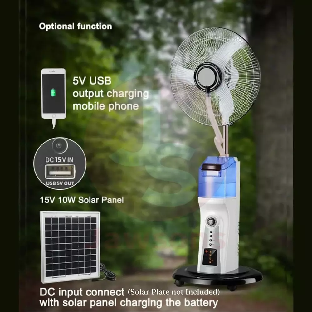 Jawsons Rechargeable Mist Fan 400 mm (16 inch) 75 W with 2.2 L Water Tank & USB Port for Device Charging and Solar Power Inlet (Solar Panel Not Included)
