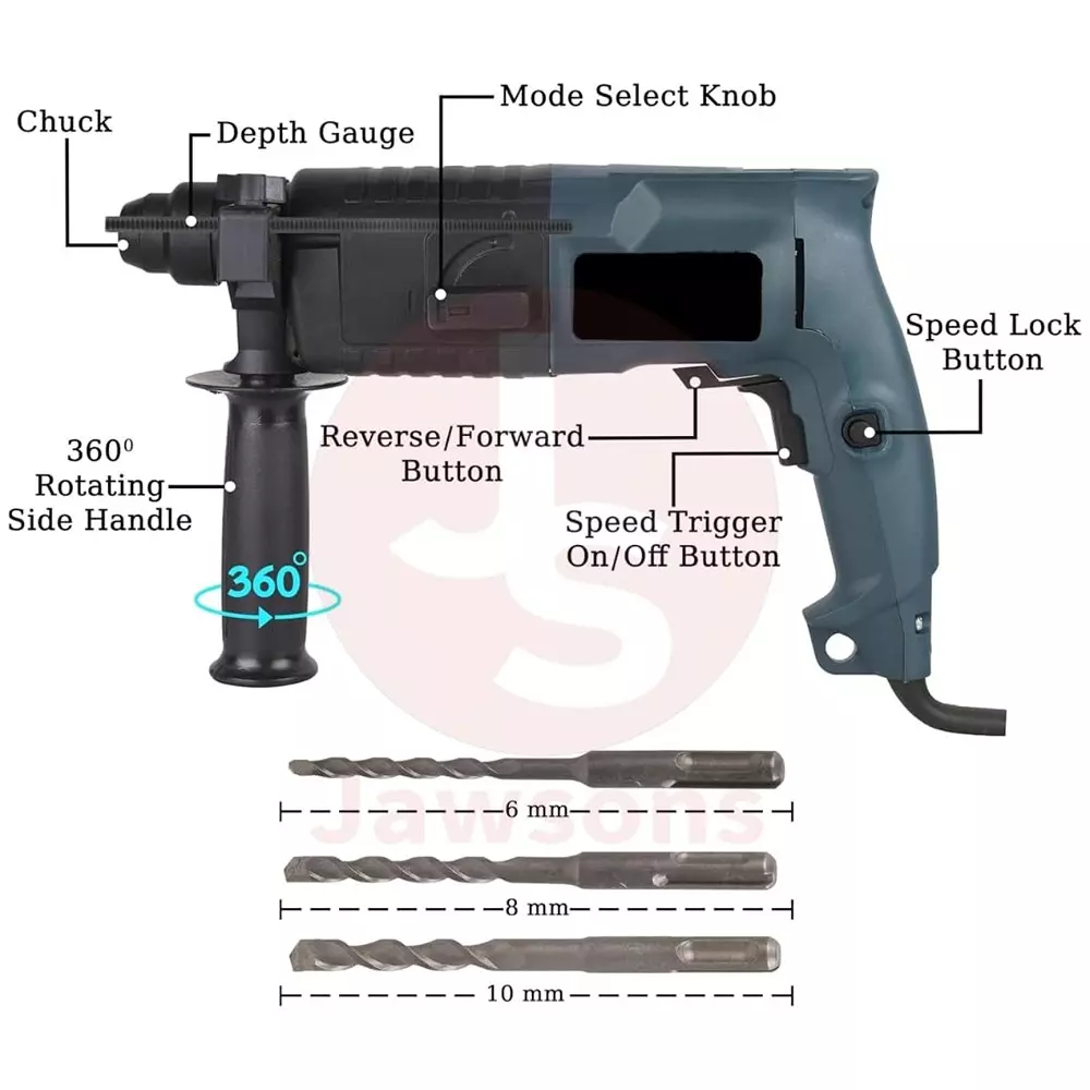 Jawsons Rotary Hammer Drill 850 W 3900 BPM 1.5 J Impact Energy 20 mm Chuck Size with 3 Drill Bits & Depth Gauge